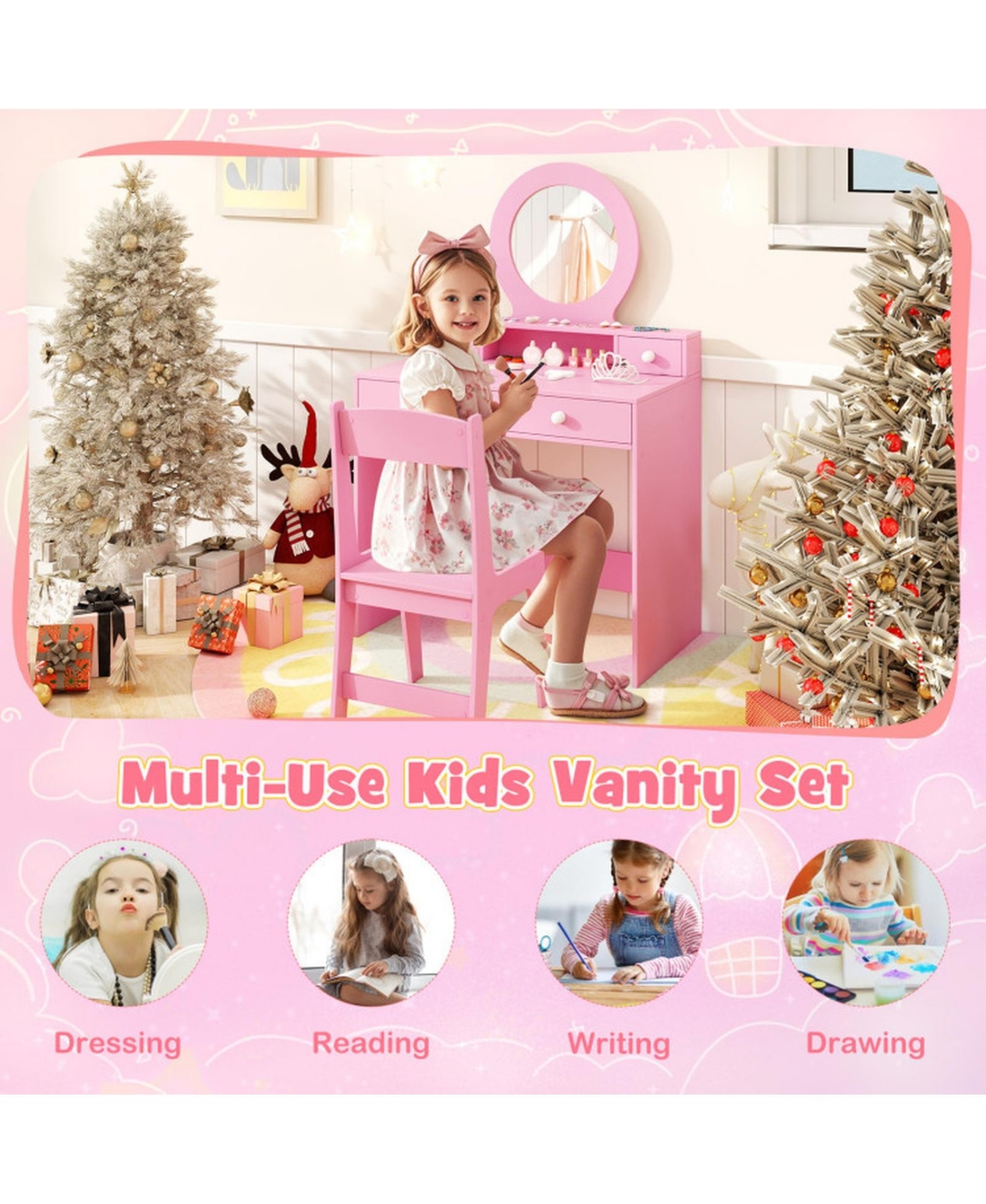Sugift Kids Princess Vanity Set with Mirror Makeup Dressing Desk and Chair Set