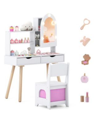 Kids Vanity Set Pretend Play Dressing Table with 3-Color Lighting Modes Adjustable Brightness