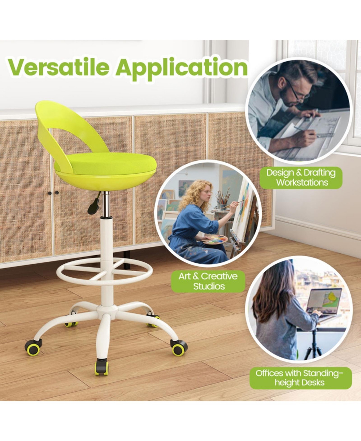 Sugift Rolling Drafting Stool Tall Desk Chair with Wheels Mesh Upholstery