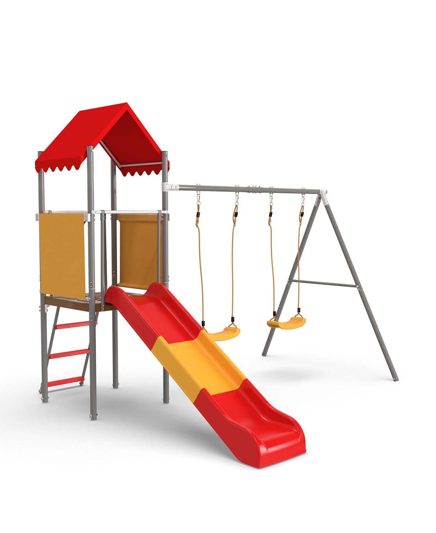 Детские игрушки ZENY Metal and Plastic Treehouse Swing Set with Slide, Belt Swings, and Canopy - Safe, Sturdy, and Portable for Kids Ages 3-8, цвет: Оранжевый красный — фото 4