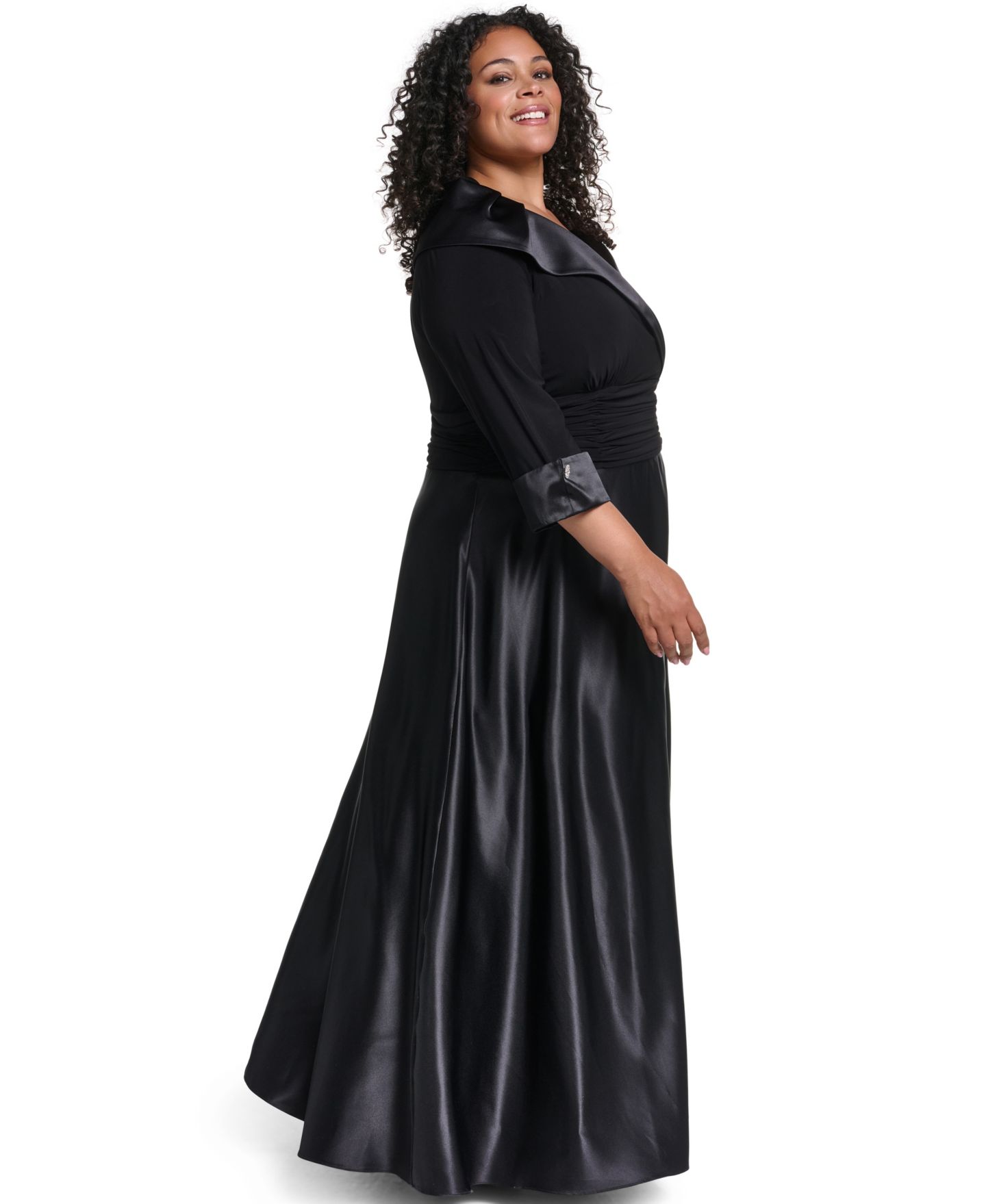 Женское платье Jessica Howard Plus Size V-Neck 3/4 Rhinestone Cuff Satin, цвет: Чёрный — фото 3