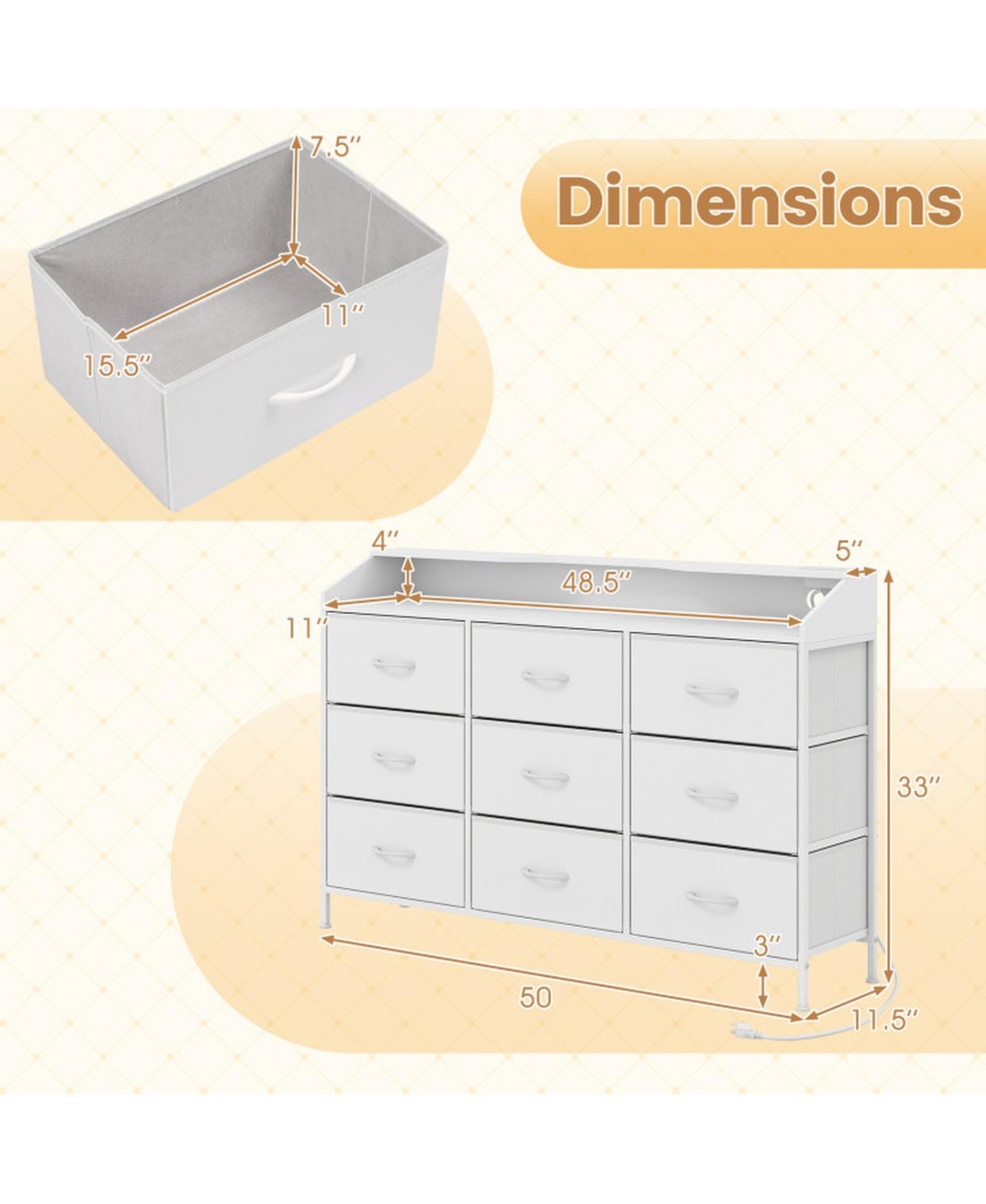 Sugift Storage Organizer with Led Lights 9 Fabric Drawers and Charging Station for Bedroom