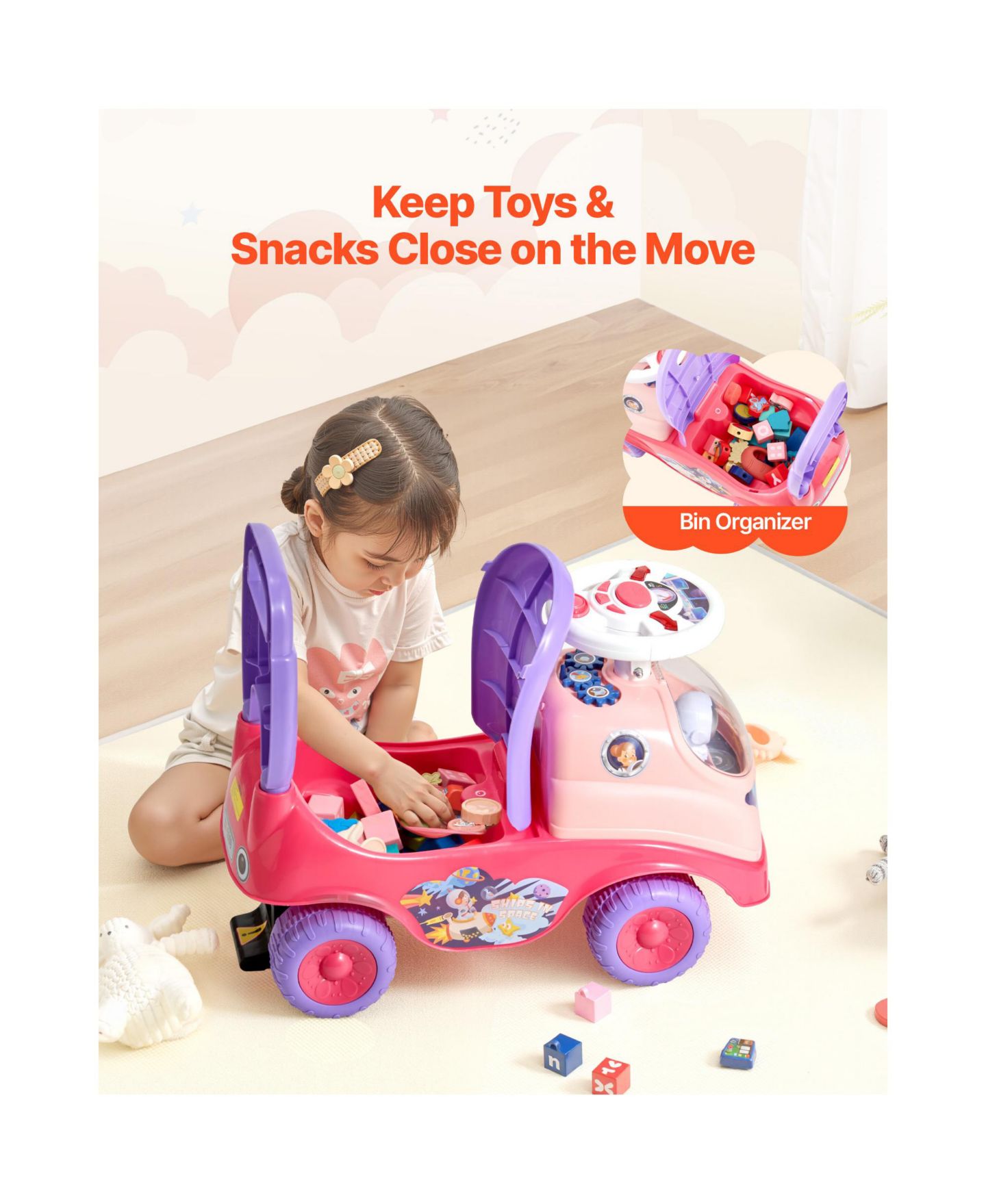 Детская игрушка HONGGE Foot to Floor Ride On Push Car with Interactive Steering Wheel, 48.5 lb Capacity, Ages 19-36 Months, цвет: Розовый разноцветный — фото 6