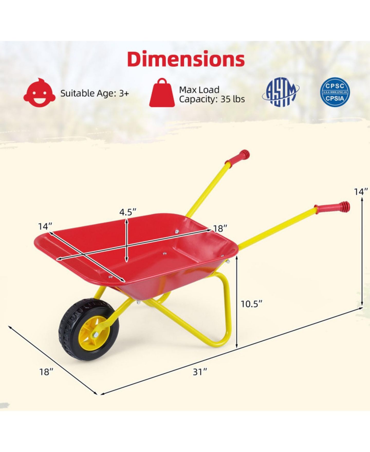 Детская игрушка HONGGE Kids Metal Wheelbarrow with All-Terrain Wheels and Anti-Slip Handles, Ages 3+, цвет: Красный — фото 3