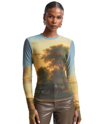 Women's Printed Long-Sleeve Mesh Top