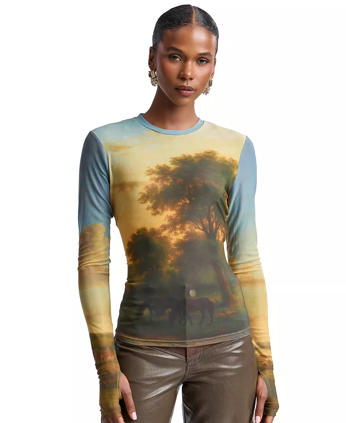 Women's Printed Long-Sleeve Mesh Top - thumbnail 8