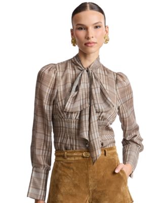 Women's Long Puff-Sleeve Scarf Neck Plaid Blouse