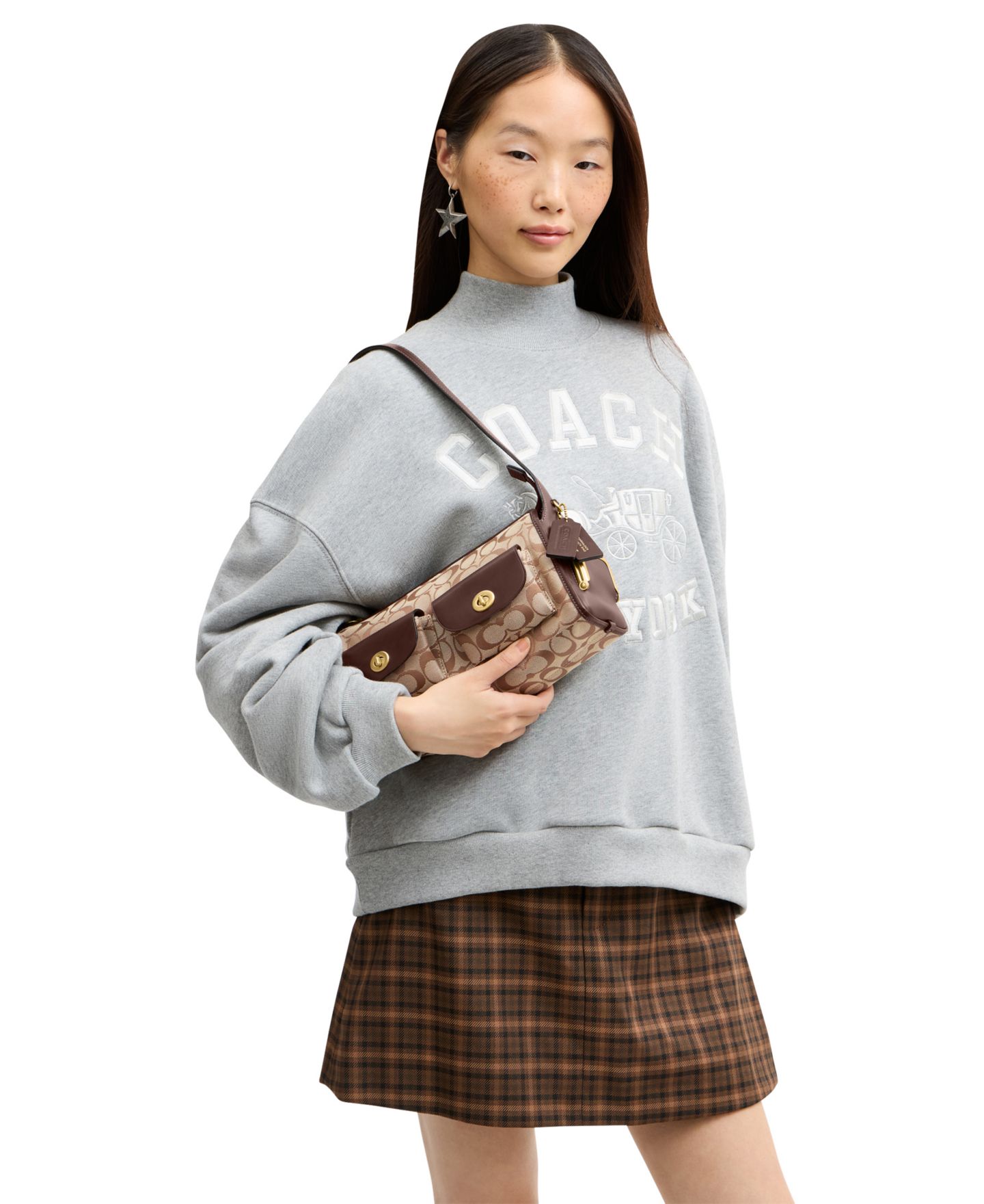 Женская сумка COACH Originals Haversack Turnlock Medium Signature Jacquard Shoulder Bag 27, цвет: Латунный / Хаки кленовый — фото 5