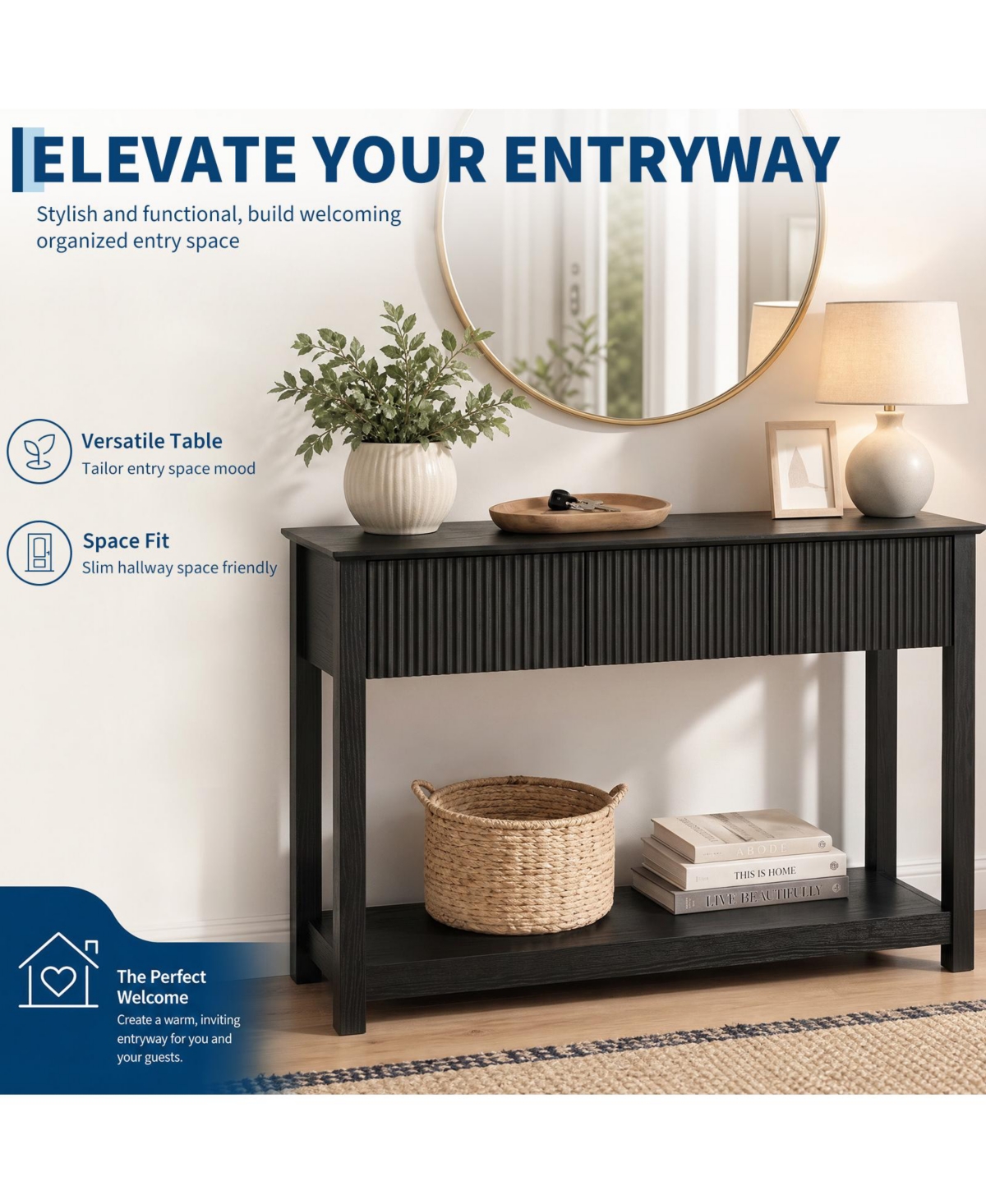 gaomon Fluted Wave Console Table Slim Entryway Sofa with 3 Drawers and Storage Shelf, Modern Narrow Hallway Side Table, for Foyer Living Room