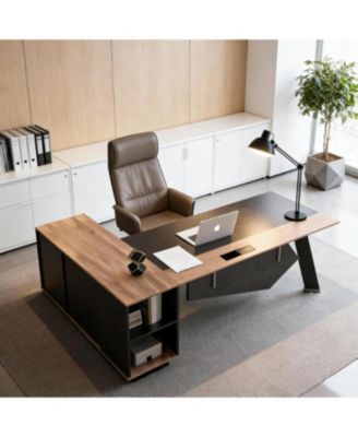 63 L Shaped Reversible Office Desk with lateral File Cabinet  Open Shelves Power Outlet