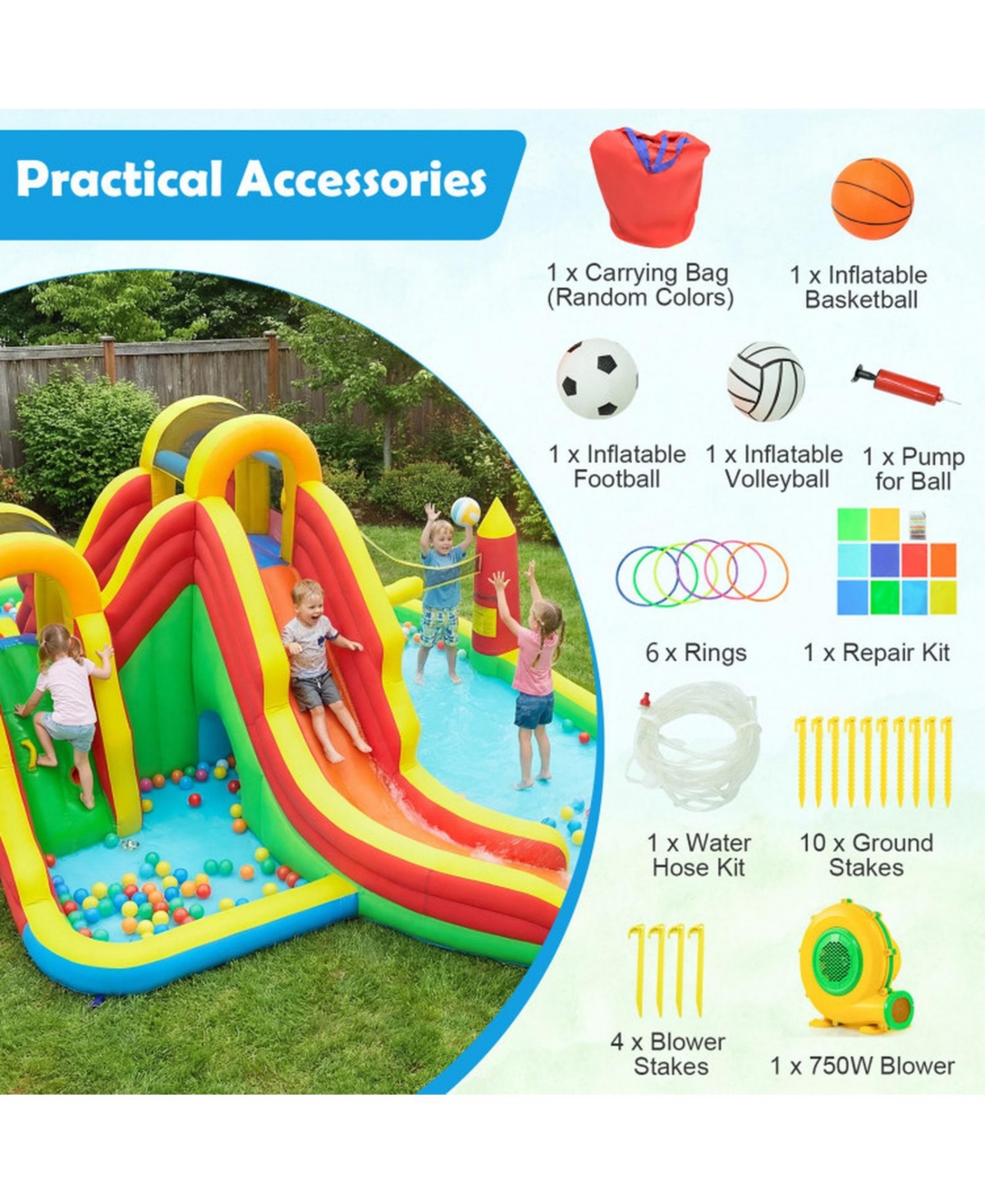 Sugift Inflatable Water Slide Park with 2 Long Slides, 258.5" x 184" x 90.5", 750W Air Blower, Ages 3-12