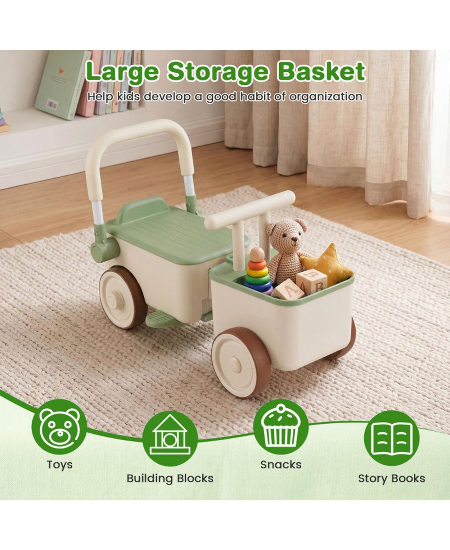 Детская игрушка SUGIFT 3-in-1 Ride-On Push Car with Storage Basket, 26.5" x 11" x 13.7", Ages 3+, цвет: Зелёный — фото 7