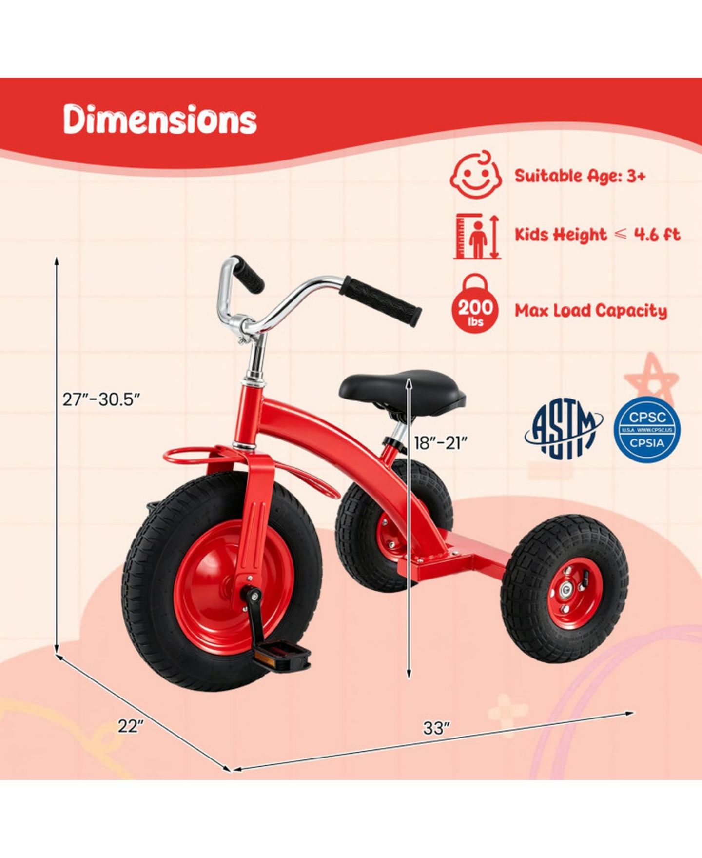 Детская игрушка SUGIFT Carbon Steel Kids' Bike with Adjustable Handlebar and Seat, 15" Inflatable Rubber Tires, 200 lb Capacity, Ages 3+, цвет: Красный — фото 3