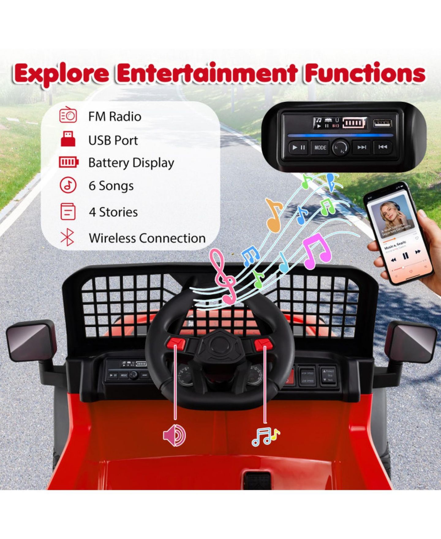 Детская игрушка SUGIFT 24V Kids Ride-On Car with Parent Remote Control and Music, Ages 3+, цвет: Красный — фото 6