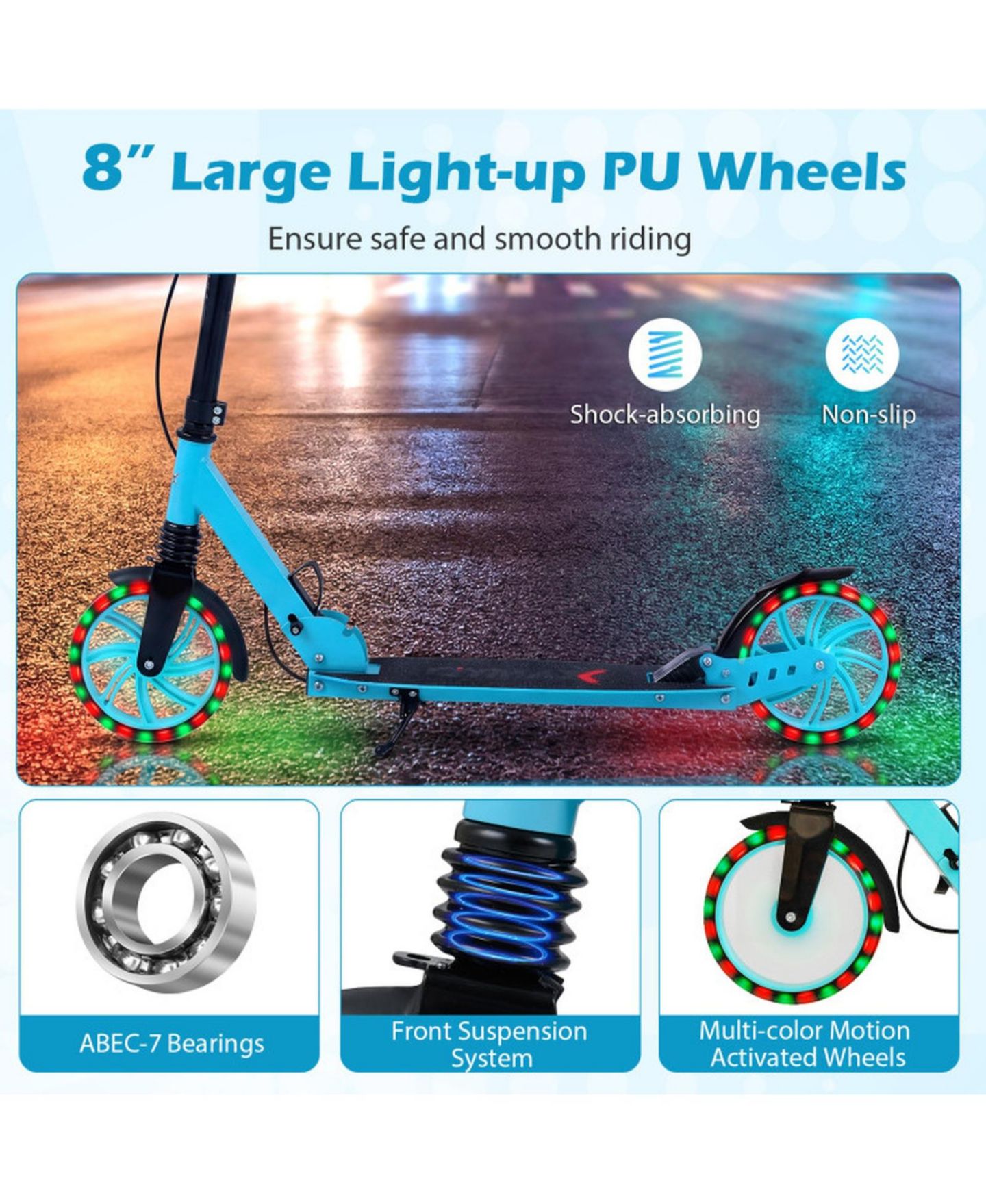 Детская игрушка SUGIFT Foldable Kick Scooter for Kids Teens Adults Age 8+ with 8in Light-up Wheels and 4-Level Handlebar, цвет: Синий — фото 9