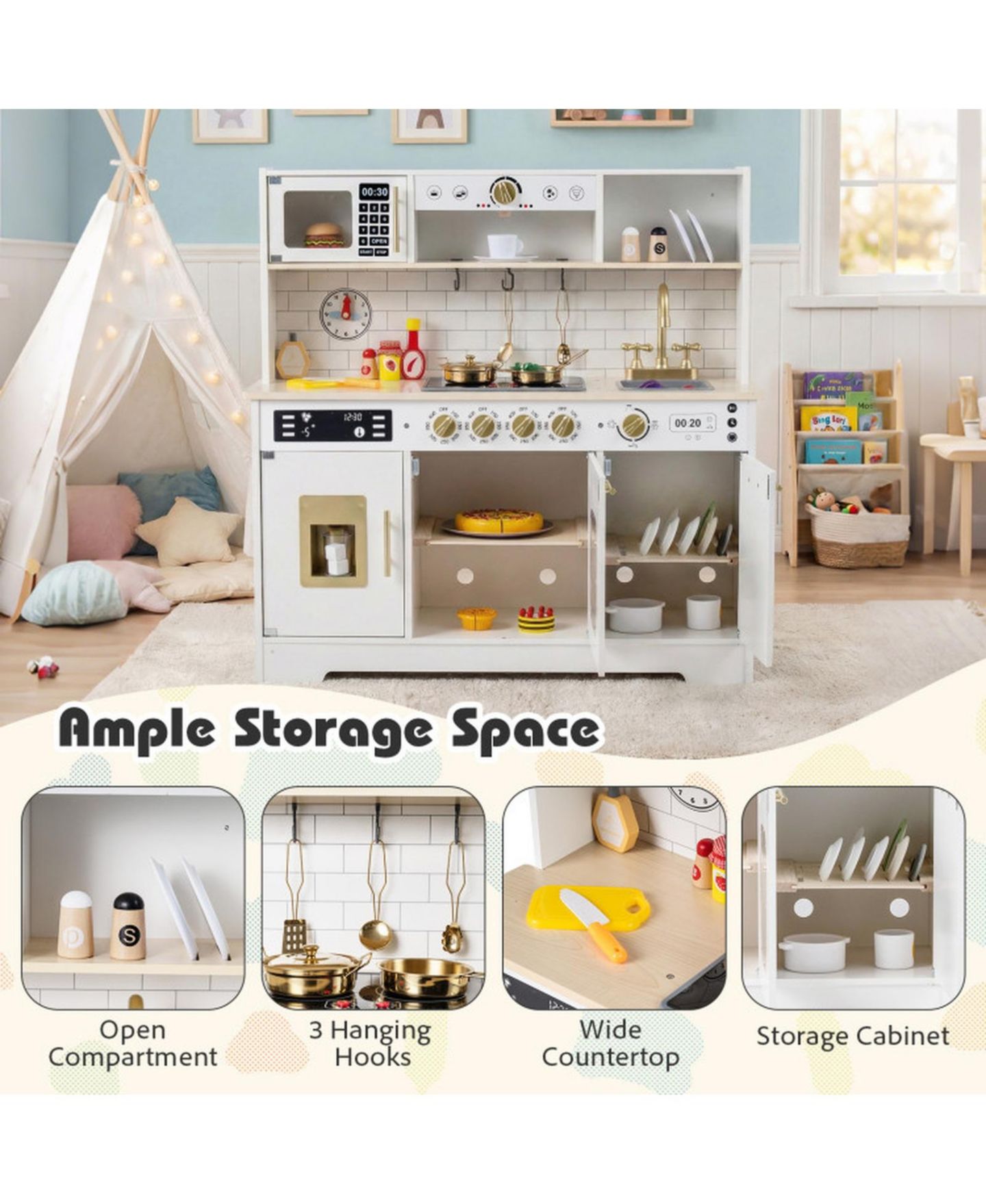 Детские игрушки SUGIFT Lights and Sounds Wooden 14-Piece Play Kitchen, Ages 3+, цвет: Белый — фото 9