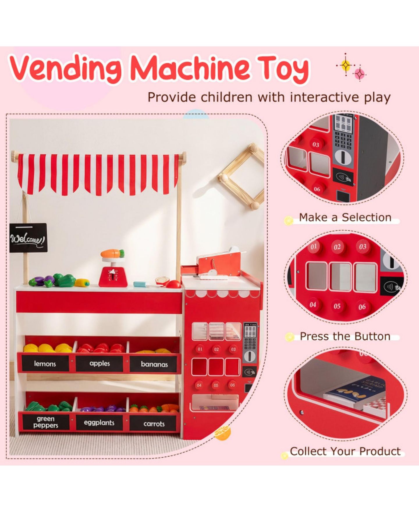 Детский игровой набор SUGIFT Wooden Grocery Store Interactive Playset with Shopping Cart, Ages 3+, цвет: Красный — фото 8