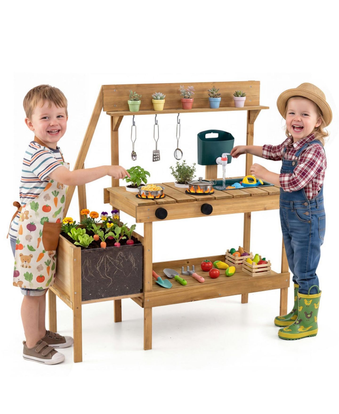 Детская игрушка SUGIFT Wooden Raised Planter Box Mud Play Kitchen with 2 Flowerpots, Ages 3+, цвет: Натуральный — фото 11