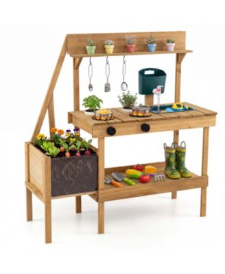 Wooden Raised Planter Box Mud Play Kitchen with 2 Flowerpots, Ages 3+