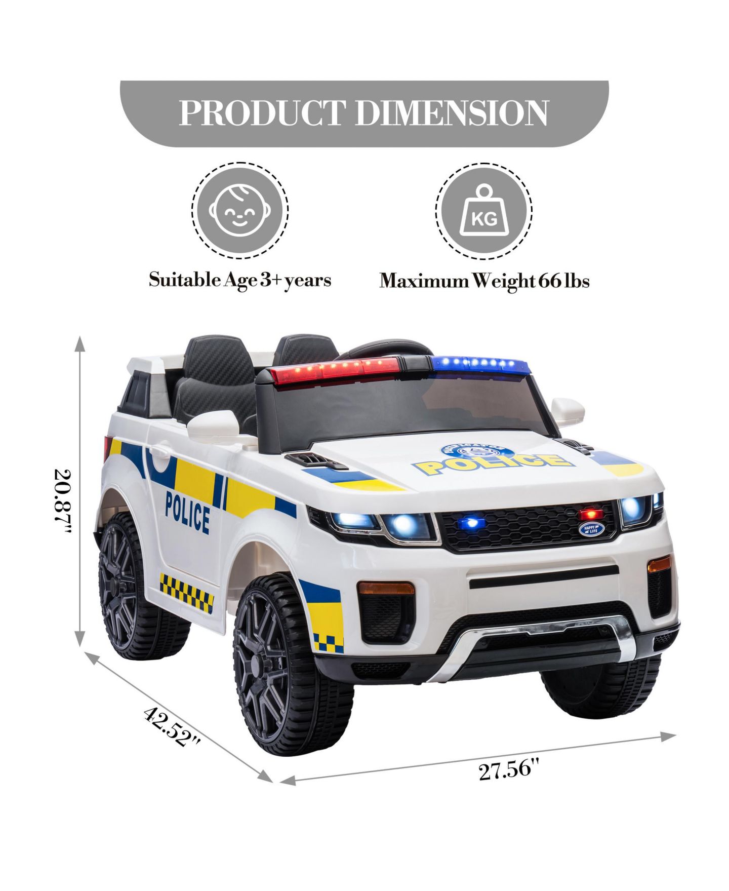 Детская игрушка homfan 12V Electric Ride-On Police Car with Remote Control & LED Flashing Lights, Ages 3+ — фото 2