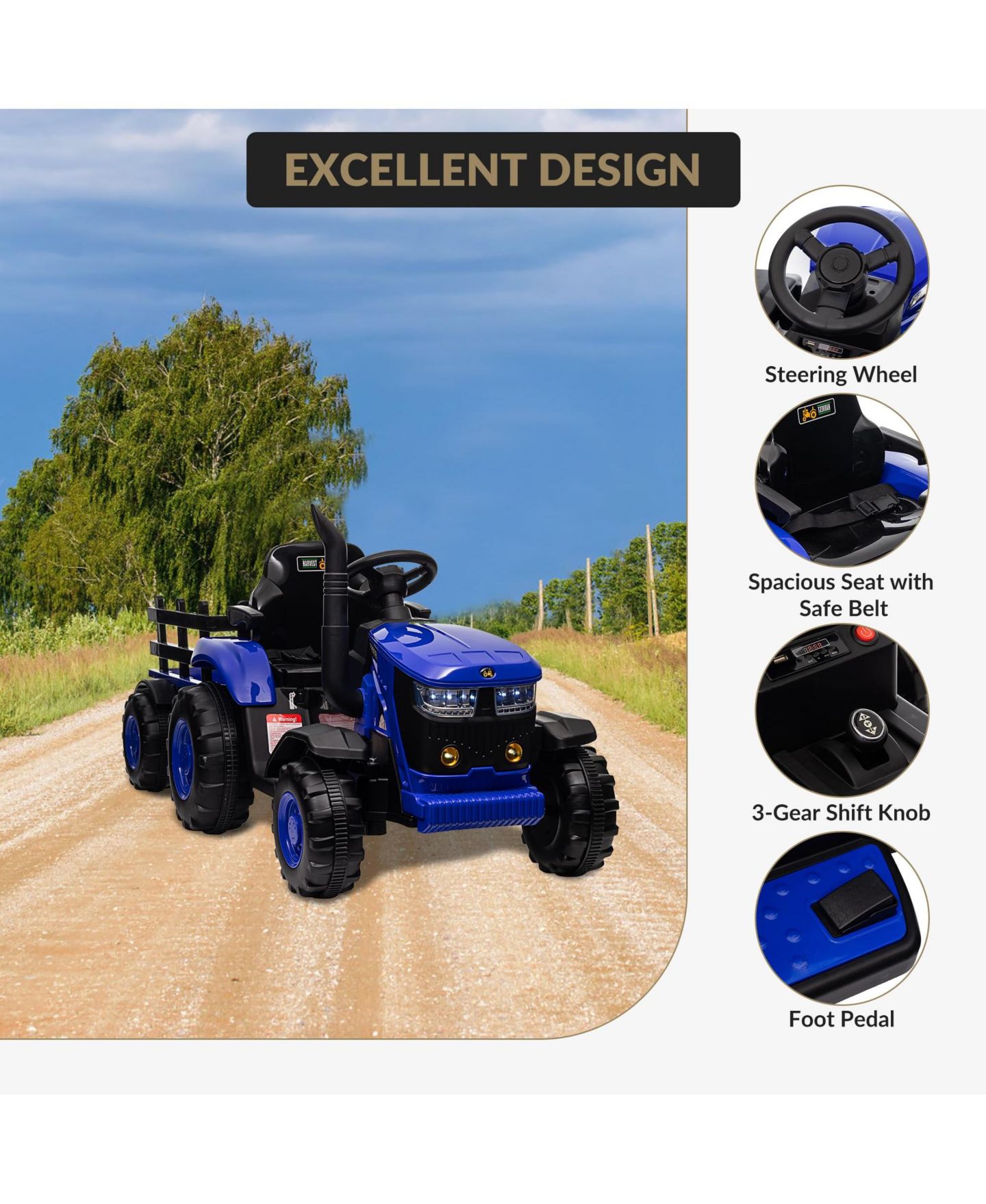 Детская игрушка homfan Electric Ride-On Tractor with Garden Cart Trailer, 12V Rechargeable, Remote Control, Up to 66 lbs, Ages 3-8 — фото 6