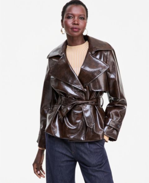 Женская куртка I.N.C. International Concepts Crocodile-Embossed Belted Faux Leather, цвет: Кофейный