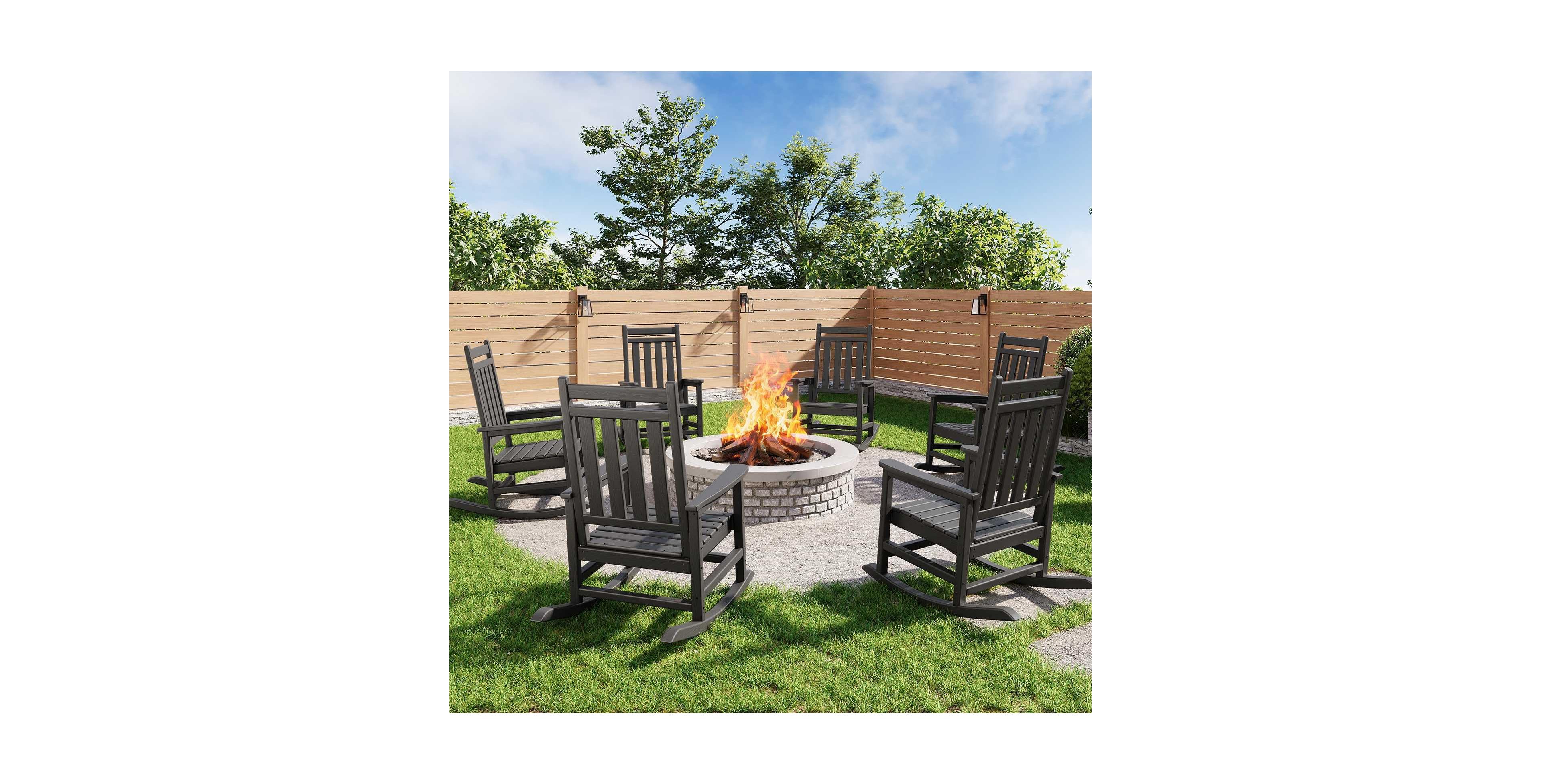 homfan Set of 6 Hdpe Rocking Chairs High Back All-Weather Poly Lumber Patio and Porch Rockers for Adults with Wood Grain Finish