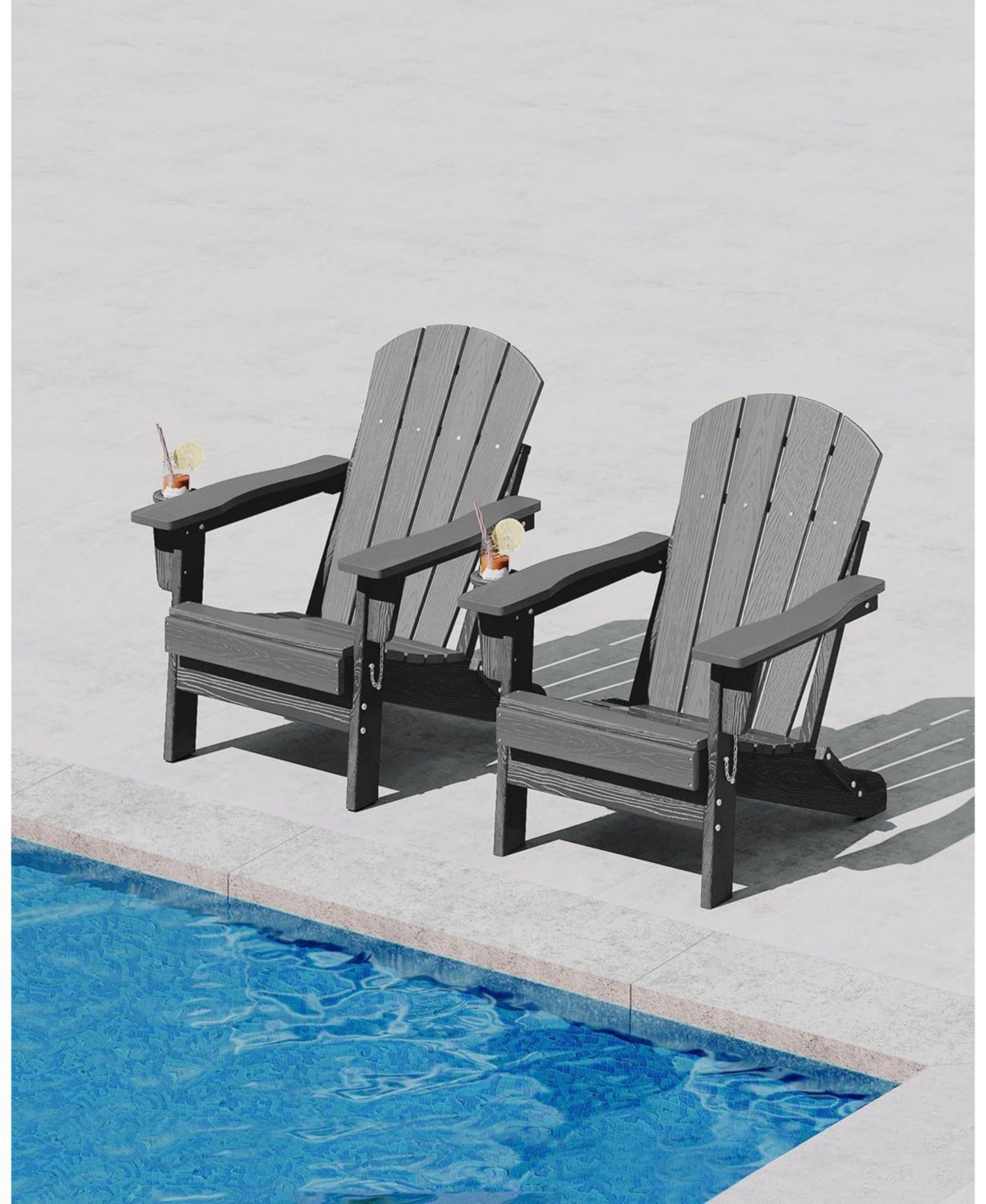 homfan Set of 4 Folding Adirondack Chair All-Weather Hdpe Wood Texture Outdoor Chair with Cup Holder for Patio or Fire Pit