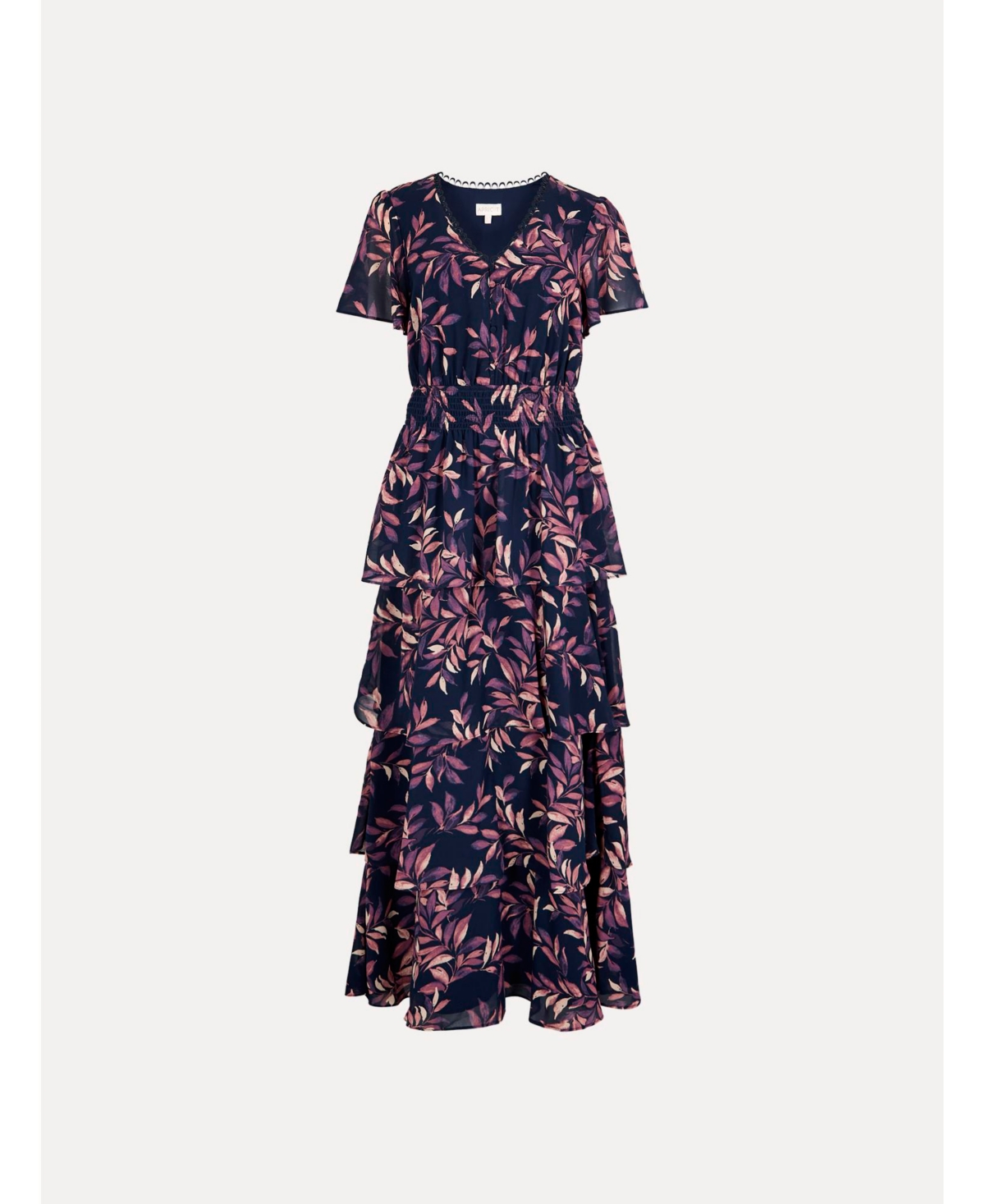 Apricot Women's Tiered Leaf Print Short-Sleeve Dress