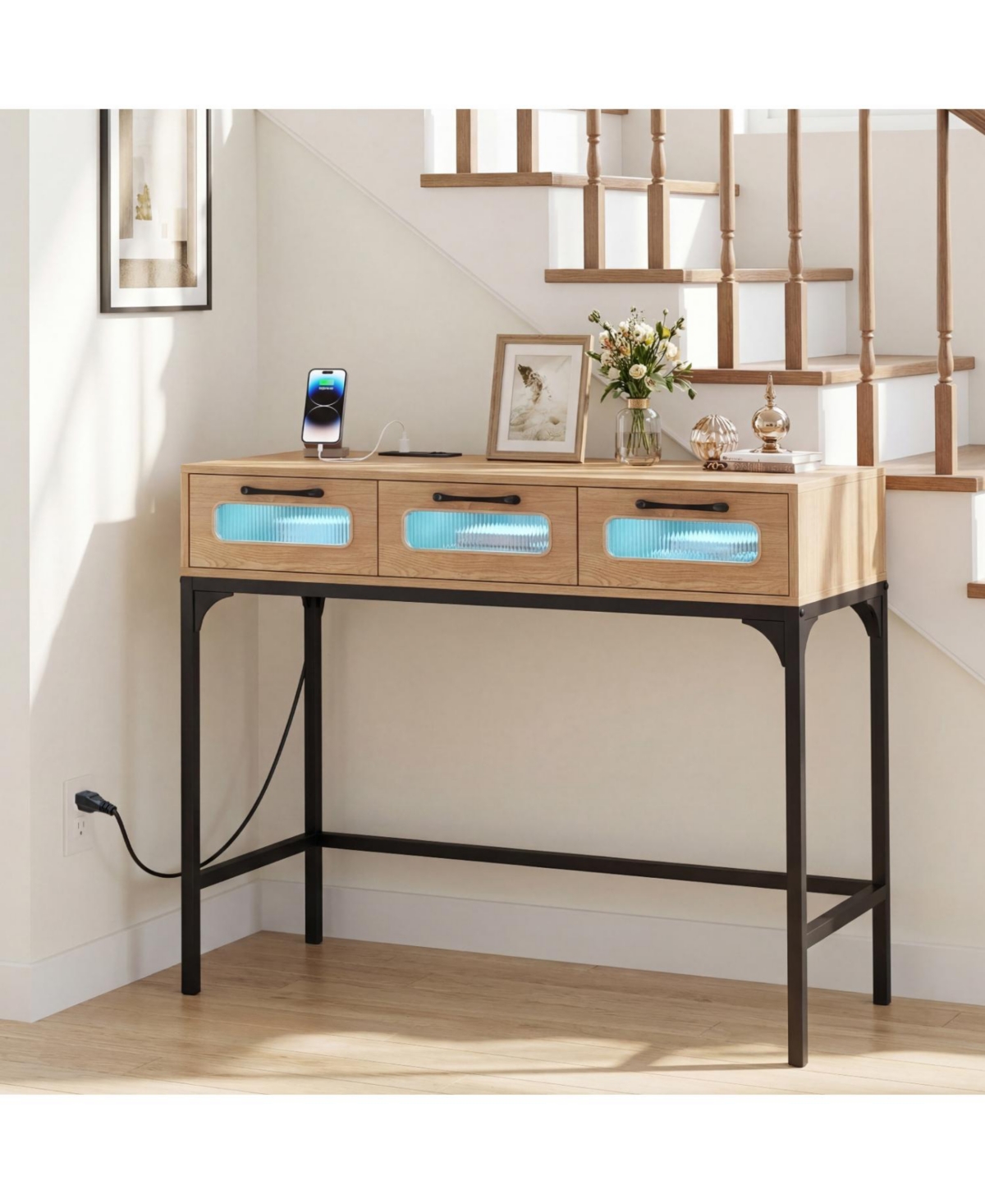 Slickblue Modern Console Table with Led Lights and Charging Station