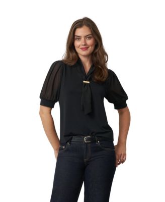 Women's Tie-Neck Short-Sleeve Puff Blouse