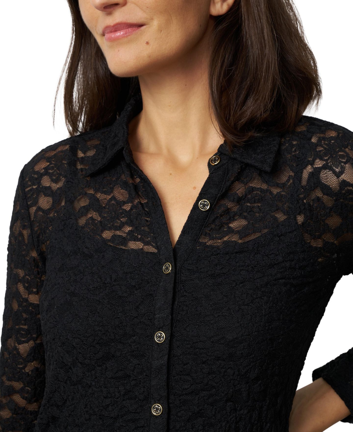 Женский топ Cable & Gauge Long-Sleeve Button-Front Lace Knit Top, цвет: Угольно-чёрный — фото 5
