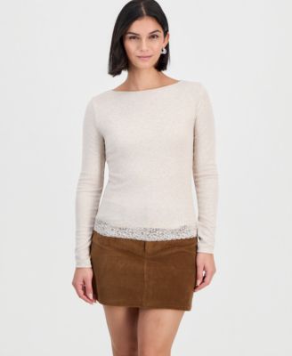 Women's Long-Sleeve Boat-Neck Lace-Trim T-Shirt