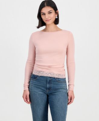 Women's Long-Sleeve Boat-Neck Lace-Trim T-Shirt