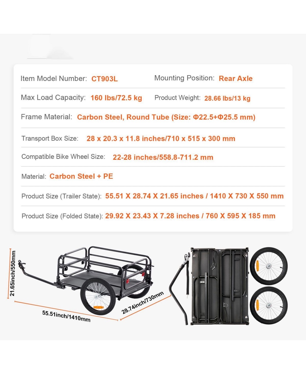 Mountaintop Bike Cargo Trailer,Heavy-Duty Foldable Bicycle Wagon Cart,Universal Quick Release Hitch,16"Wheels and Reflectors