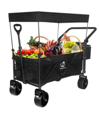 Collapsible Wagon 140L Foldable Cart with Removable Canopy, All-Terrain Brake Wheels and Cooler Bag for Camping, Beach and Shopping
