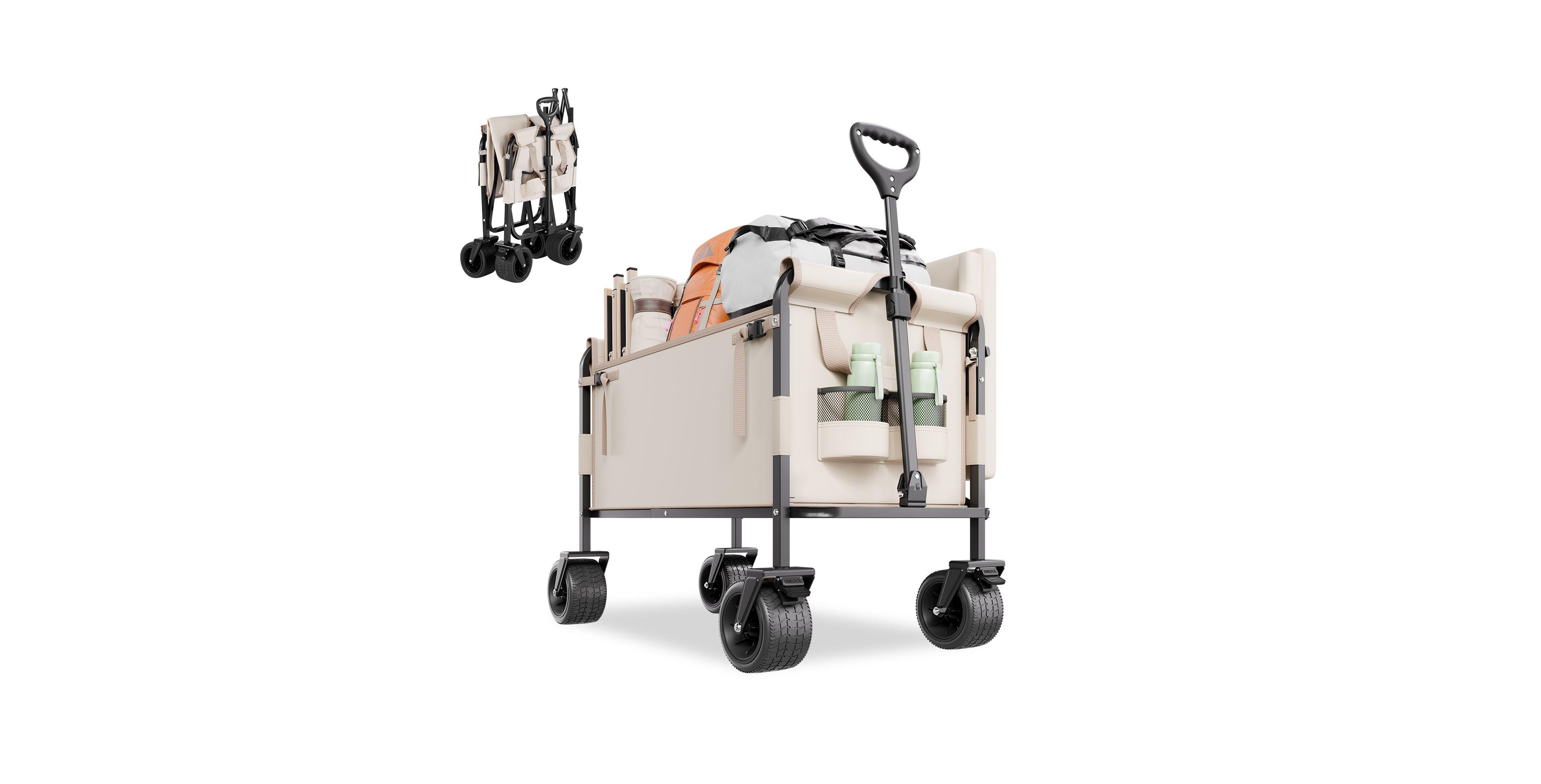 Mountaintop Collapsible Folding Wagon, 550lb 220L, 2-in-1 Bench Cart, Adjustable Handle for Grocery, Camping and Gardening