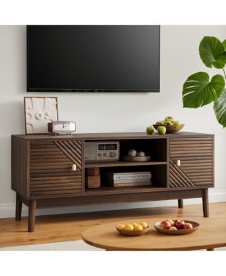 43.3" Mid-Century Modern TV Stand for 32-45 Inch TVs, Walnut Entertainment Center with Grille Doors and Storage Media Console Table