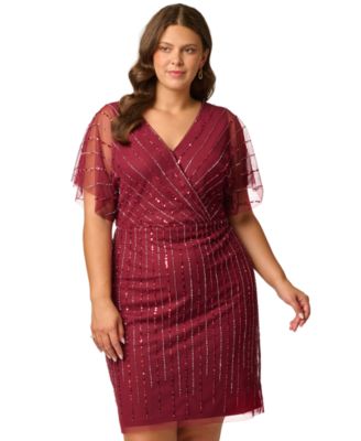 Plus Size Sequin Beaded Flutter-Sleeve Dress