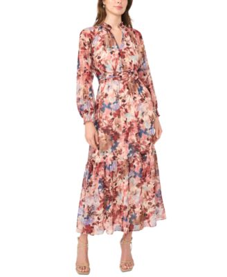 Women's Floral Long-Sleeve V-Neck Maxi Dress