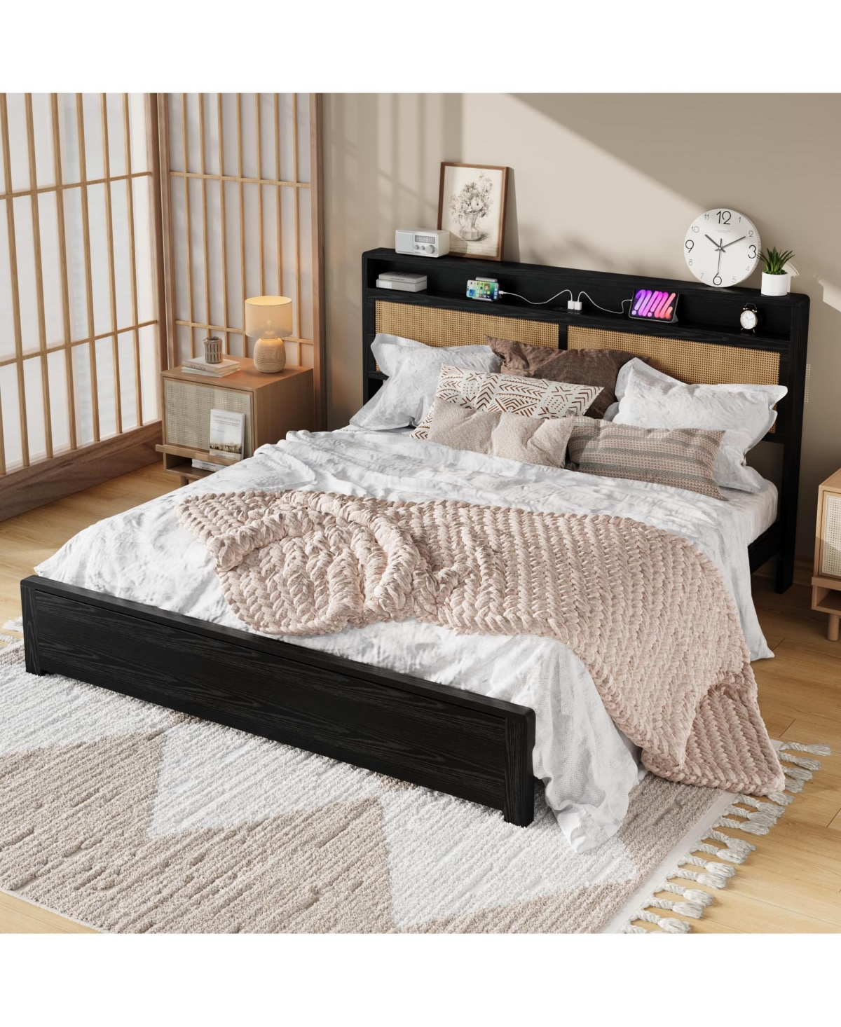 homfan Wooden Rattan Bed Frame Bohemian with Storage and Led Lights | Cane Headboard Charging Station, Slats, Noise-free, No Box Spring