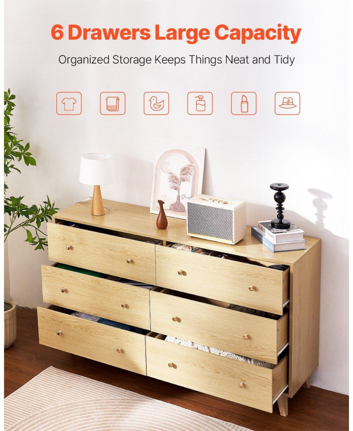 Slickblue Wooden 6 Drawer Dresser for Living Room and Entryway Storage