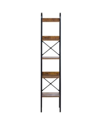 Tall Narrow Metal Bookcase with Rustic Open Shelves
