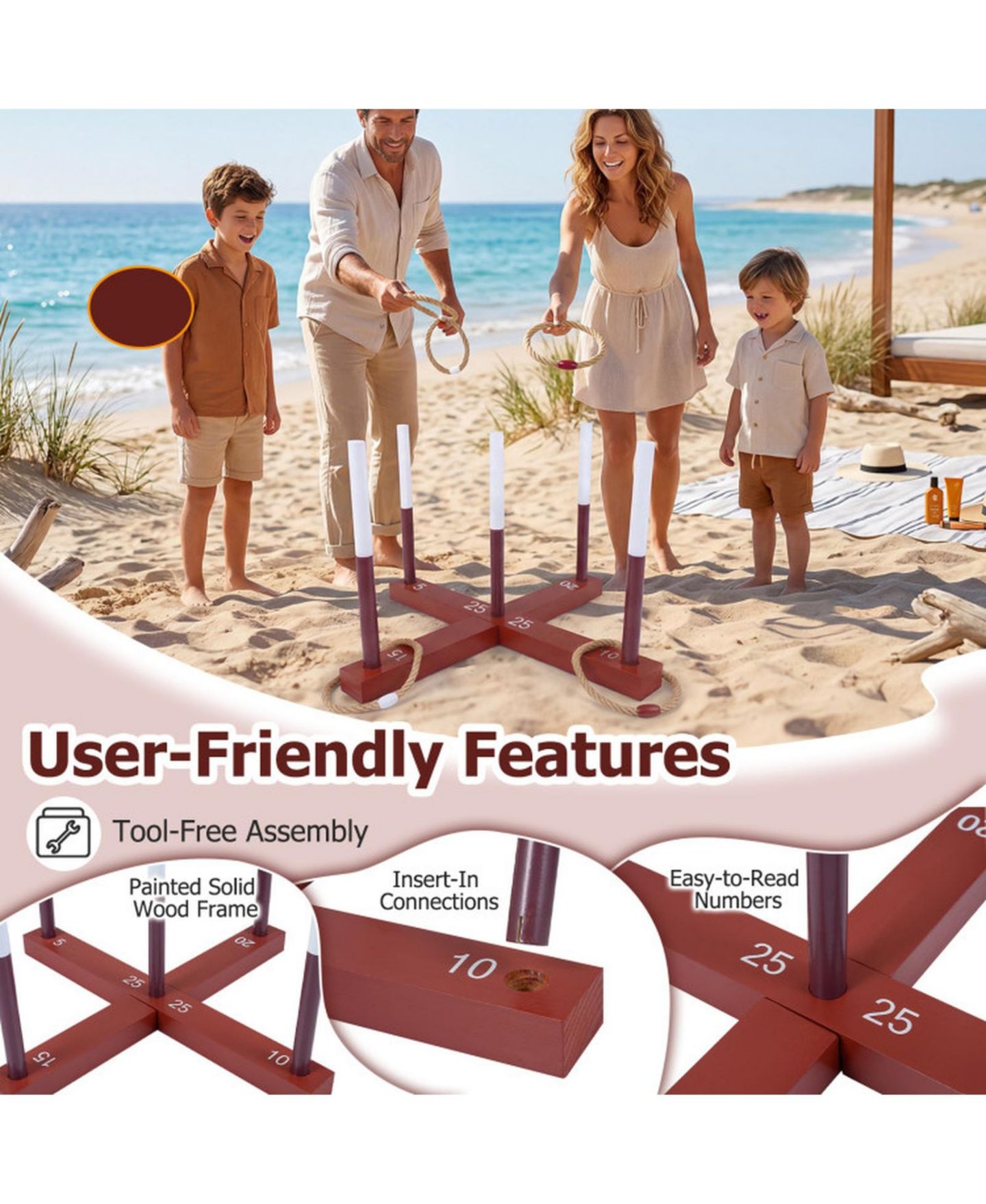 Детские игрушки HONGGE Wooden Ring Toss 24" x 24" Tool-Free Setup Yard Game with 6 Rope Rings and Storage Bag, Ages 3+, цвет: Коричневый — фото 5