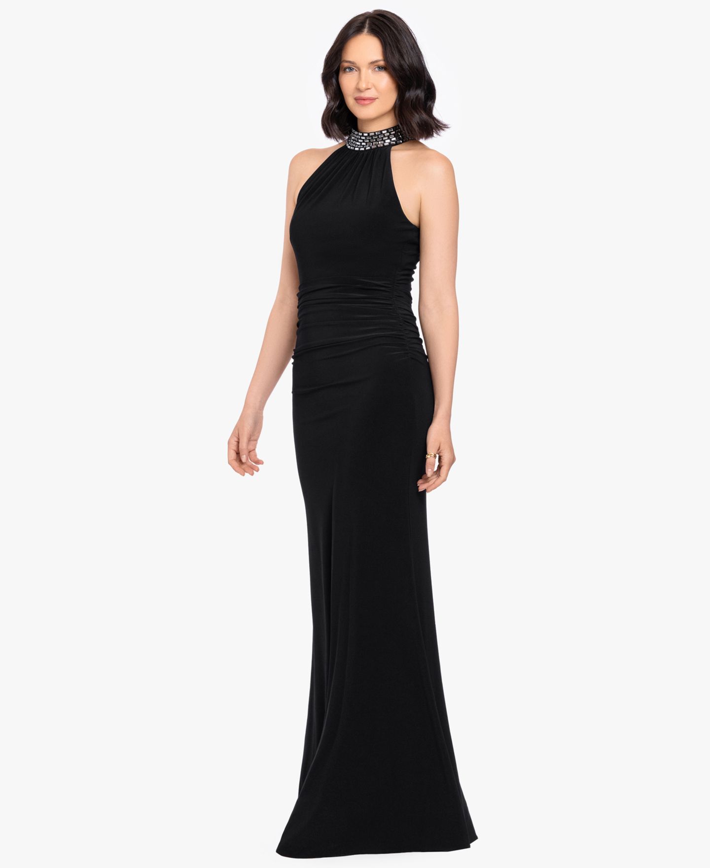 Женские платья Betsy & Adam Petite Beaded Mock Neck Sleeveless Gown, цвет: Чёрный серебряный — фото 2