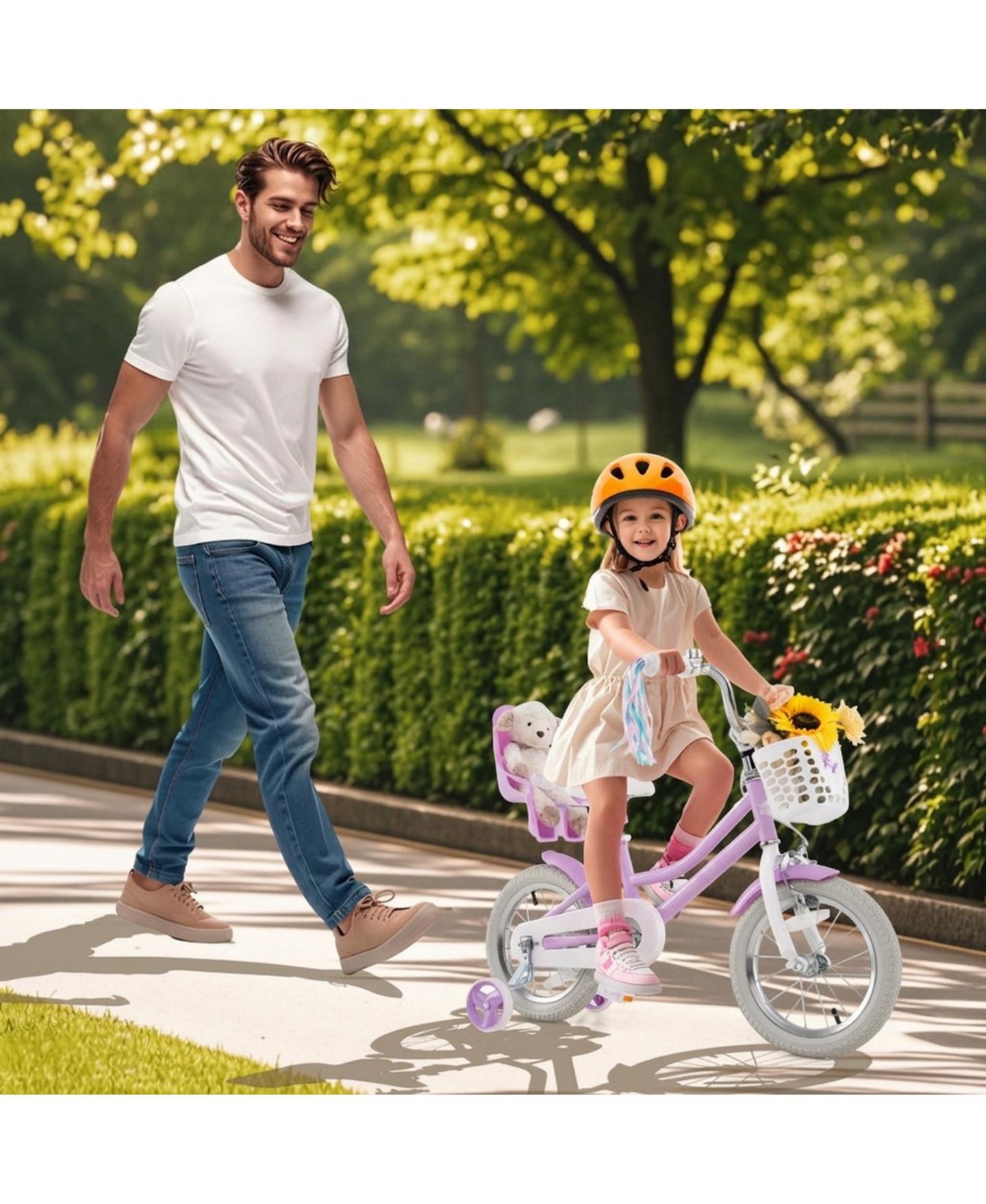 Детская игрушка HONGGE 14-Inch Girls Bike with Doll Seat, Dual Brake System & Training Wheels, Ages 3-5, цвет: Розовый красный — фото 2