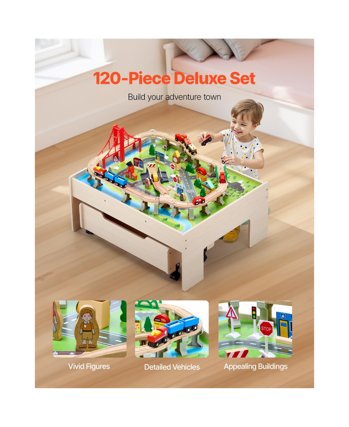 Hongge 3-in-1 100-Piece Reversible Wooden Train Table