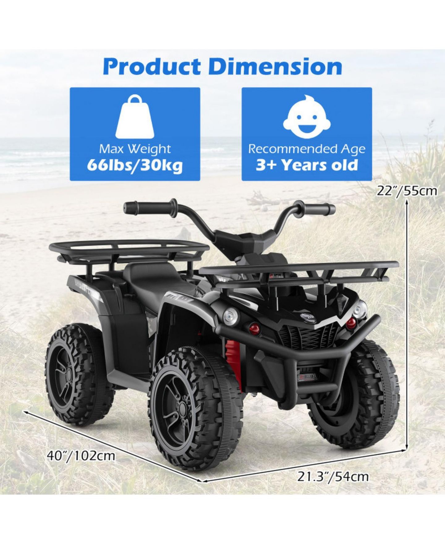 Детская игрушка HONGGE 24V Kids Electric Ride-On Quad ATV, Dual Motors, LED Headlights & Off-Road, 39.5" x 21" x 22", 66 lbs., Ages 3+, цвет: Чёрный — фото 3