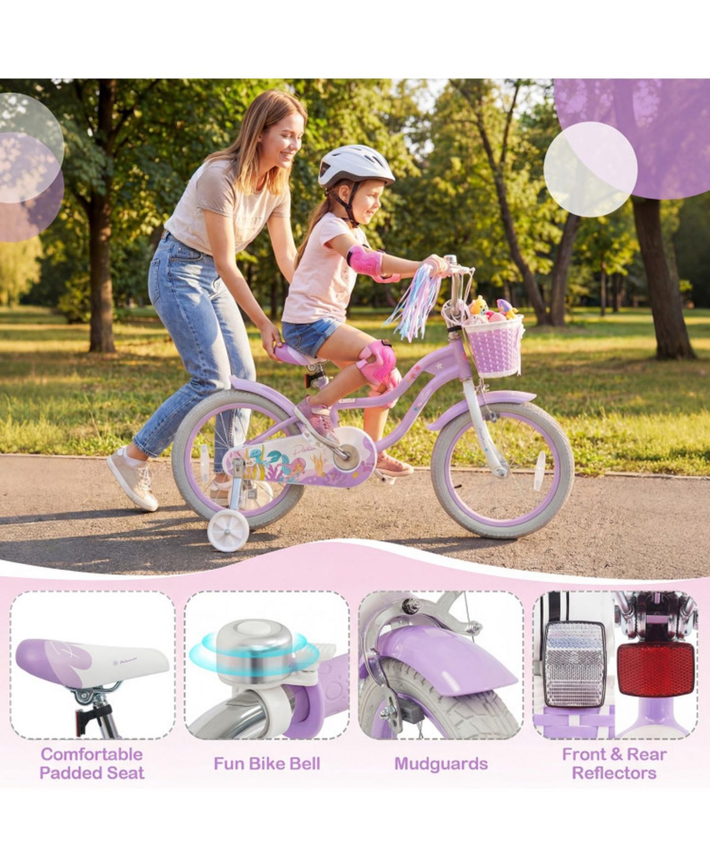 Детская игрушка HONGGE 16-Inch Girls Bike with Mermaid Streamers and Training Wheels, Ages 4-7, цвет: Фиолетовый — фото 2