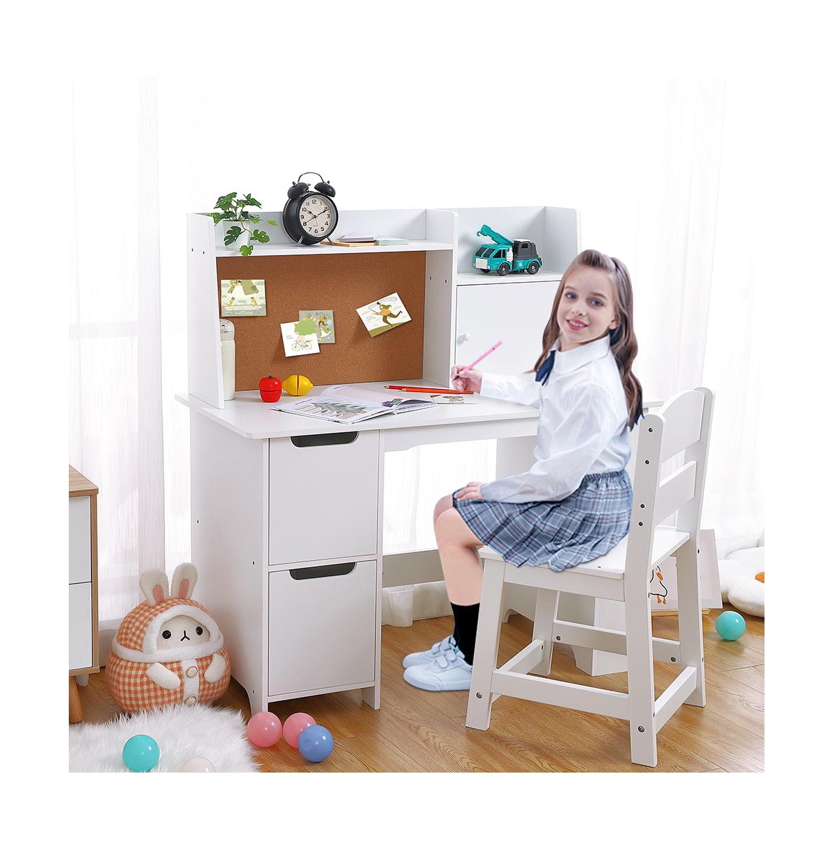 homfan Kids Desk and Chair Set with Storage Shelf, Bulletin Board, and 2 Drawers